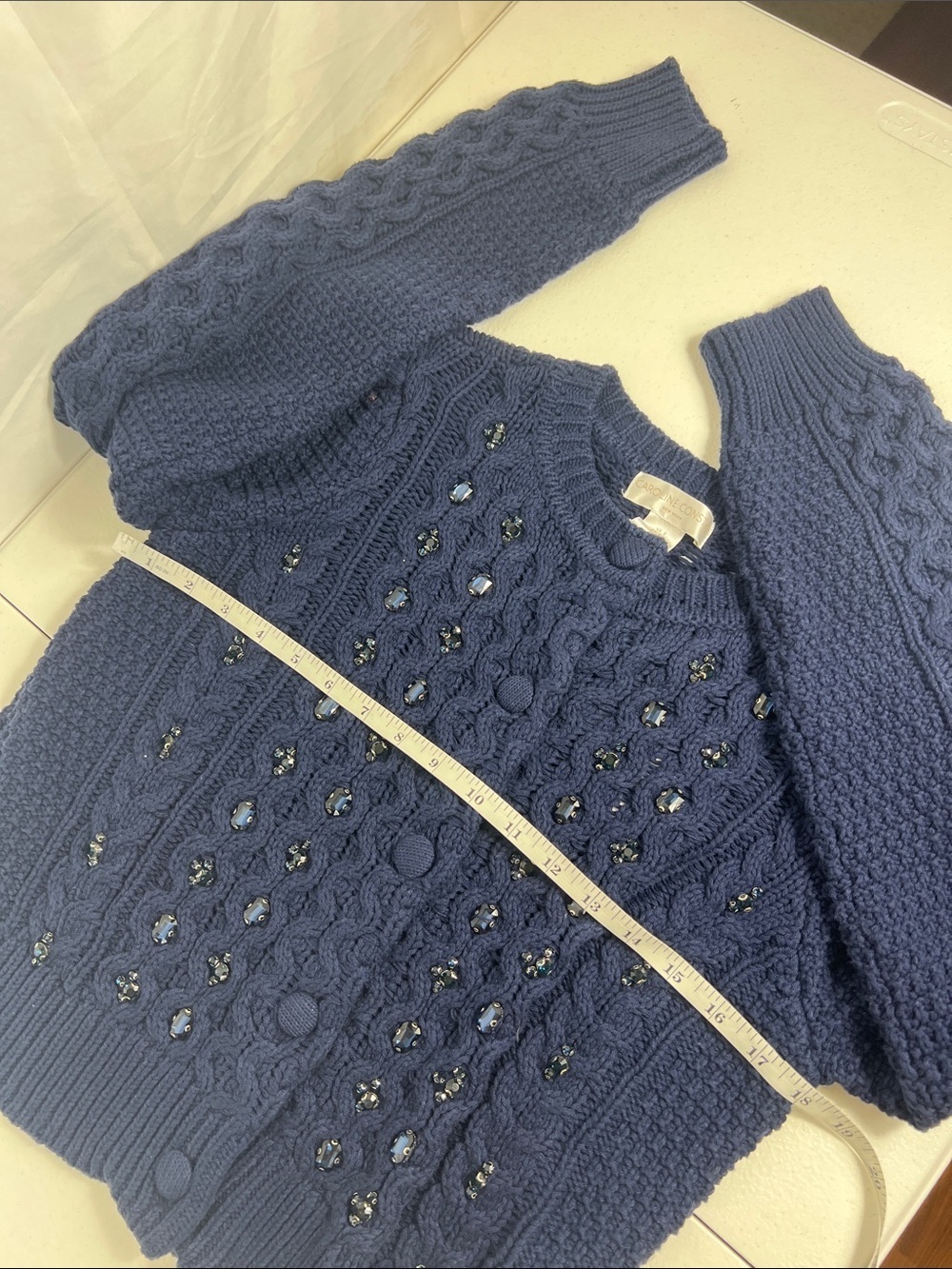 Caroline Constas Sz S Blue Cable Knit Rhiinestone Embellished Cardigan NWT - Picture 7 of 11
